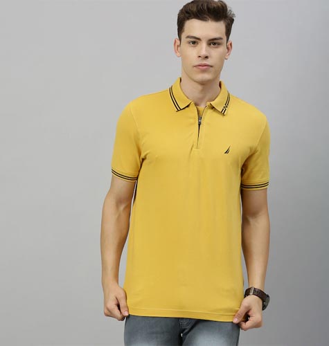 Men Mustard Yellow Solid Polo Collar Embroidered T-shirt